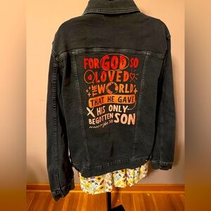 Women’s size XL one of a kind John 3:16 black denim jacket with scripture